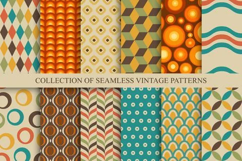 Collection of vector seamless colorful patterns - vintage design. Trendy retro 库存插图