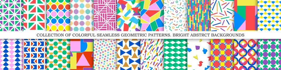 Collection of vector seamless colorful patterns - geometric design. Bright Stock Illustration