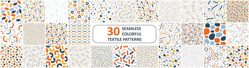 Collection of vector seamless colorful patterns with geometric shapes. Trendy Illustrazione stock