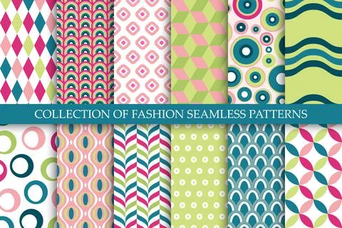 Collection of vector seamless colorful patterns. Trendy fashion bright Illustration