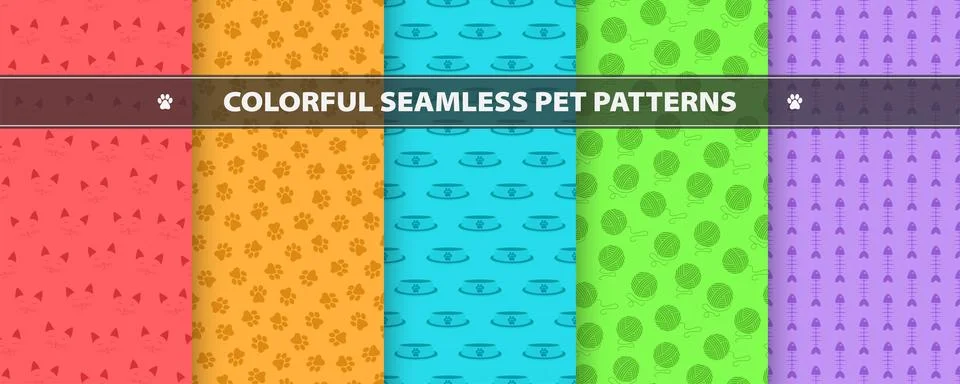 Collection of vector seamless colorful patterns with pet symbols. Bright cartoon Illustrazione stock