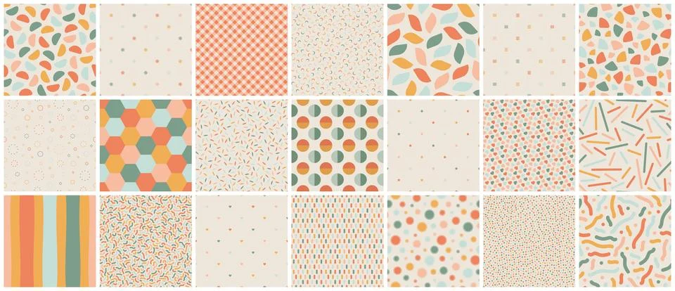 Collection of vector seamless colorful patterns. Color mosaic textures. Trend Stock Illustration