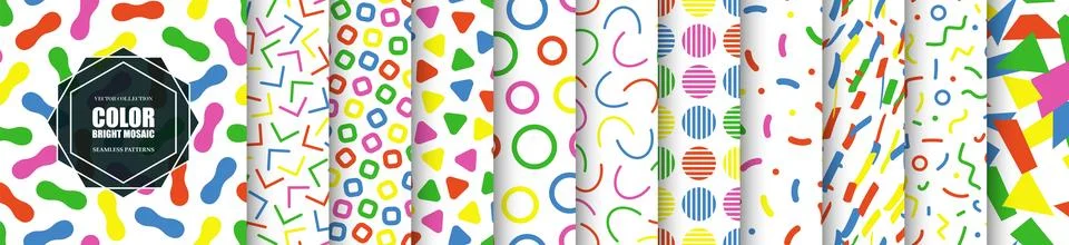 Collection of vector seamless colorful patterns. Bright repeatable fun backgr Stock Illustration