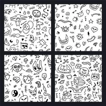 Collection of vector seamless doodle patterns. Hand drawn cartoon illustrations 스톡 일러스트