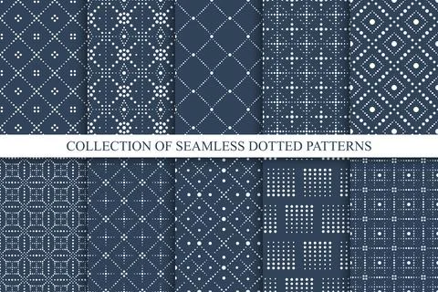 Collection of vector seamless dotted patterns - blue geometric elegant design 스톡 일러스트