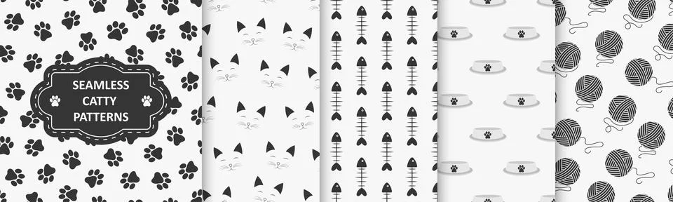 Collection of vector seamless funky patterns with pet symbols - white and gray Stockillustratie