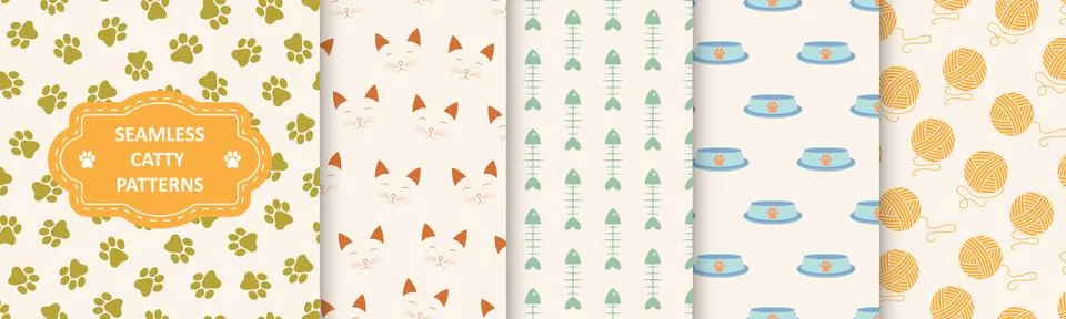 Collection of vector seamless funky patterns with pet symbols - drawing design 库存插图