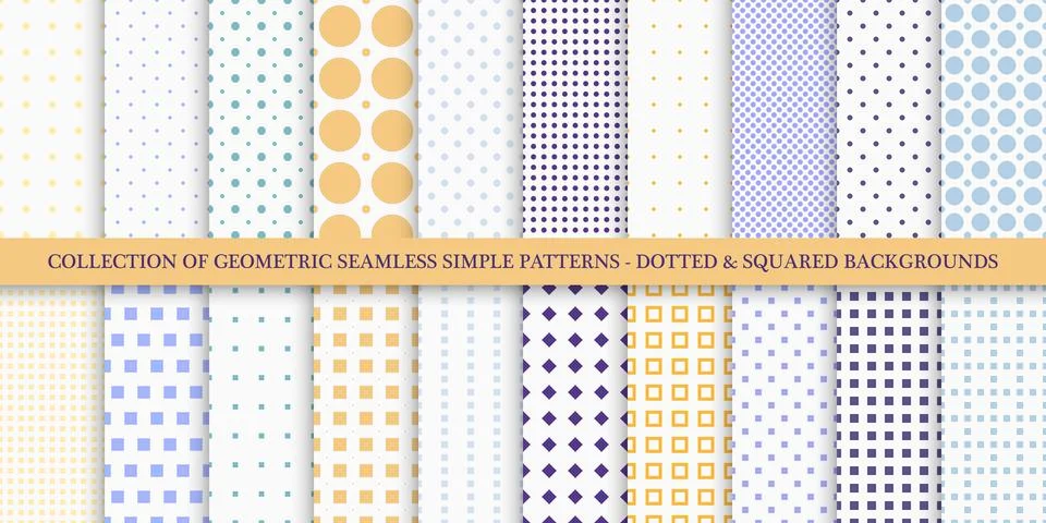 Collection of vector seamless geometric dotted patterns. Simple color textures Illustrazione stock