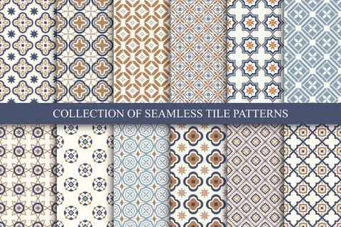 Collection of vector seamless geometric elegant patterns - color tile textures 스톡 일러스트
