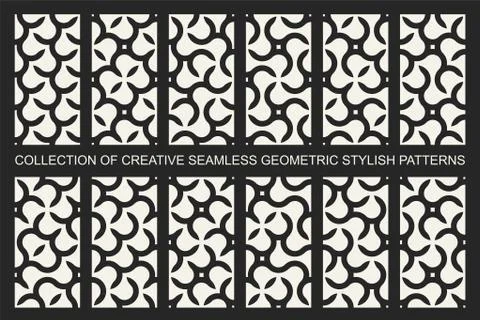 Collection of vector seamless geometric monochrome patterns. Creative Stock Illustration