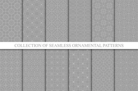 Collection of vector seamless geometric ornamental patterns - monochrome Stock Illustration