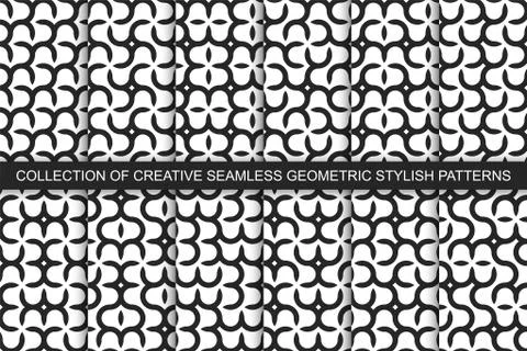 Collection of vector seamless geometric patterns with creative unusual shapes Stock Illustration