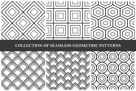 Collection of vector seamless geometric patterns. Monochrome repeatable Stock Illustration
