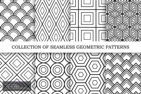 Collection of vector seamless geometric patterns. Monochrome repeatable Stock Illustration
