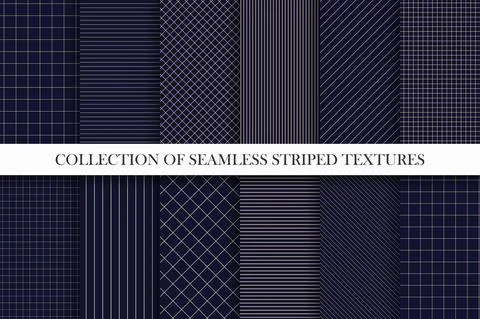 Collection of vector seamless geometric patterns. Dark grid striped backgrounds Stock Illustration