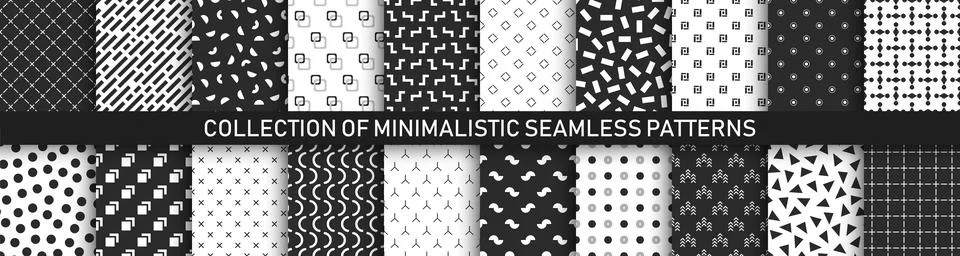 Collection of vector seamless geometric patterns - monochrome textures. Modern Stock Illustration