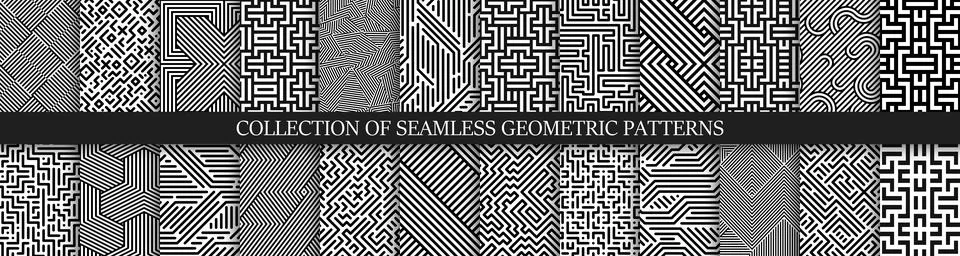 Collection of vector seamless geometric patterns. Striped black and white Illustrazione stock