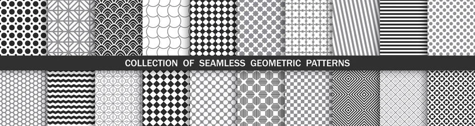 Collection of vector seamless geometric patterns. Monochrome repeatable Stock Illustration