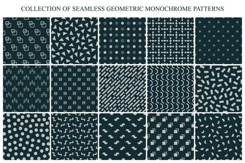 Collection of vector seamless geometric patterns - mosaic monochrome textures Stock Illustration