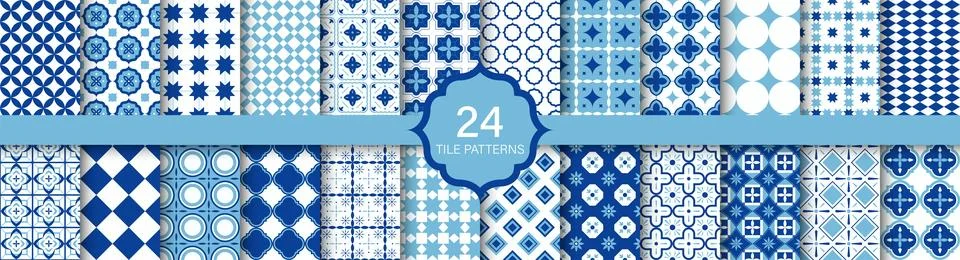 Collection of vector seamless geometric patterns - blue tile textures Stock Illustration