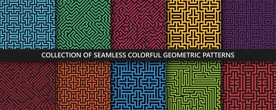 Collection of vector seamless geometric patterns. Striped colorful abstract 스톡 일러스트