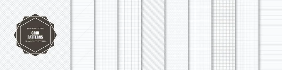 Collection of vector seamless geometric patterns. Grid paper textures. White and Stock Illustration