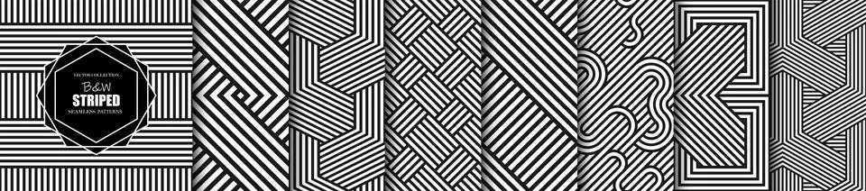 Collection of vector seamless geometric patterns. Striped black and white Illustrazione stock