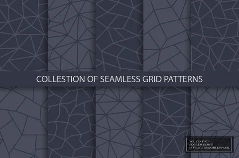Collection of vector seamless geometric polygonal patterns - elegant dark design Stock Illustration