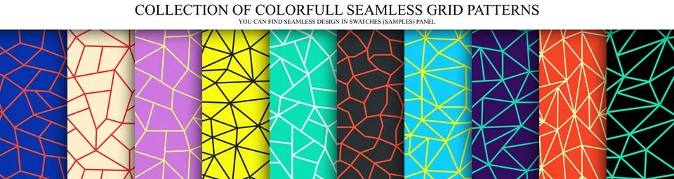Collection of vector seamless geometric polygonal patterns - colorful design Illustrazione stock
