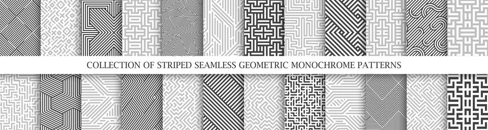 Collection of vector seamless geometric striped patterns. Black, white and gray Illustrazione stock