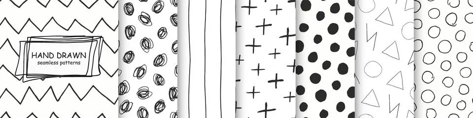 Collection of vector seamless hand drawn patterns - doodle style. Simple black Ilustração Stock