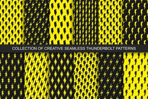 Collection of vector seamless lighting patterns. Trendy simple thunder Illustrazione stock
