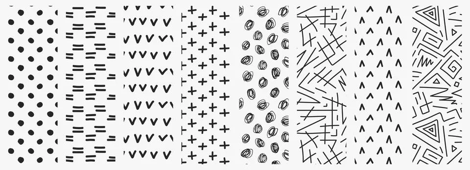 Collection of vector seamless monochrome patterns - hand drawn design Stock Illustration