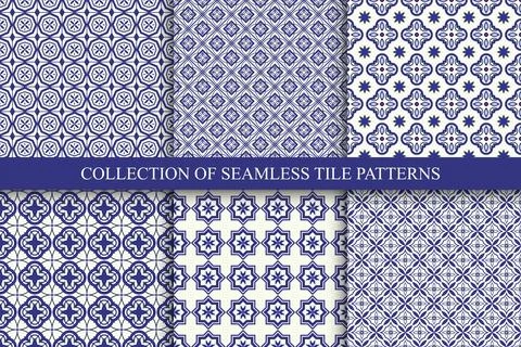 Collection of vector seamless ornamental geometric patterns - blue and white 스톡 일러스트