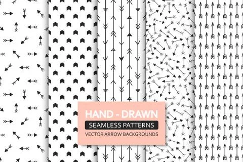 Collection of vector seamless patterns of arrows. Hand drawn cute backgrounds Illustrazione stock