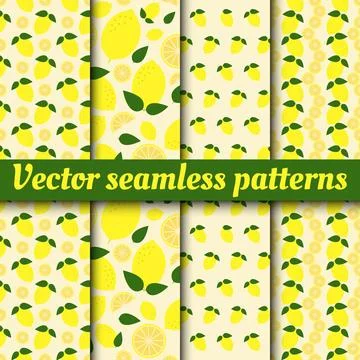 A collection of vector seamless patterns. Background of fresh lemons. Color.. Stock Illustration