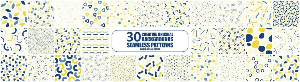Collection of vector seamless patterns with colorful mosaic shapes. Bright .. Stockillustratie