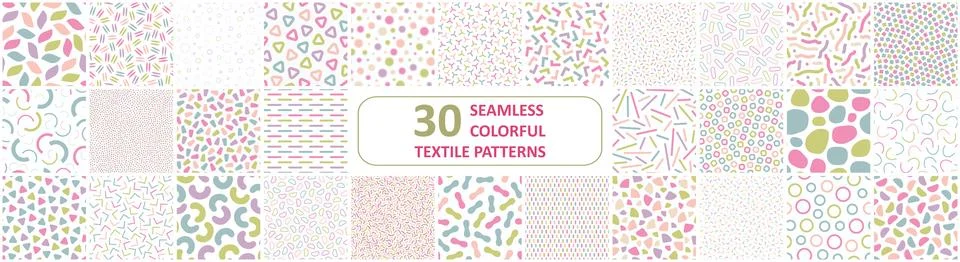 Collection of vector seamless patterns with colorful mosaic shapes. Trendy Иллюстрация