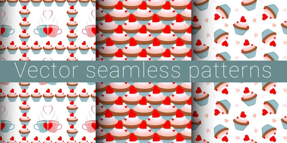 Collection of vector seamless patterns. Cupcake with a heart. Иллюстрация