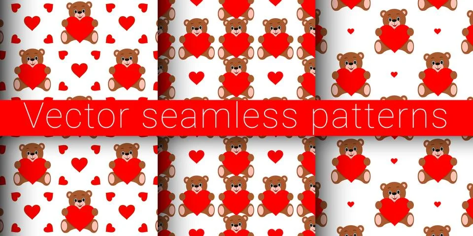 Collection of vector seamless patterns. Teddy bear with a heart. Stock Illustration