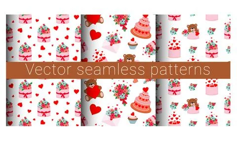 Collection of vector seamless patterns for valentine s day. Gift in a box. Stockillustratie