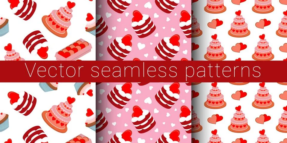 Collection of vector seamless patterns for valentine's day. Cakes and pastrie Stock Illustration