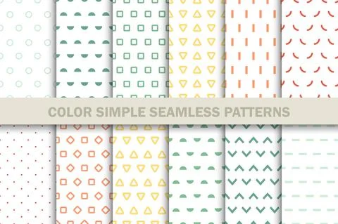 Collection of vector seamless simple patterns - colorful design. Bright Illustrazione stock