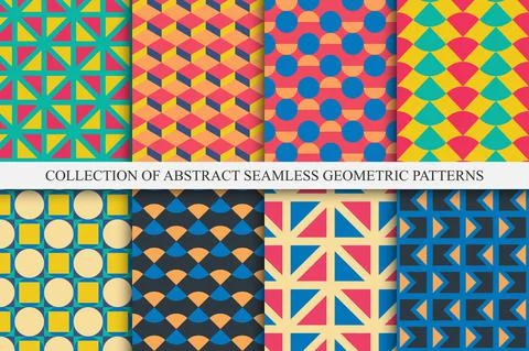Collection of vector seamless vintage patterns - color geometric design. Bright Illustrazione stock