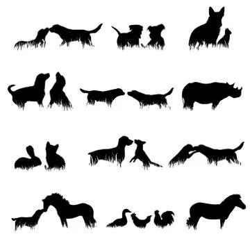 Collection of vector silhouette of different animals in grass on white backgr Stock Illustration