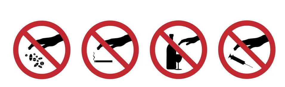 Collection of vector silhouette of do not touch drugs mark on white backgroun Stock Illustration