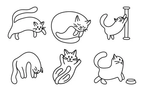 Collection of vector stickers of cute black contour of cats Illustrazione stock