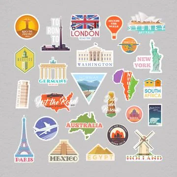 Collection of Vector stickers with famous monuments and landmarks. Stock Illustration