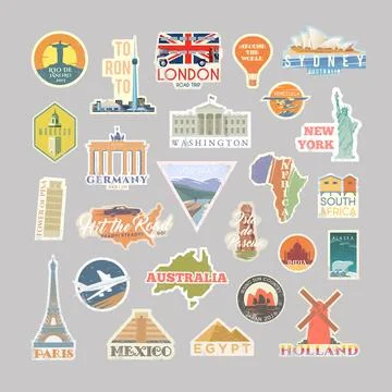 Collection of Vector stickers with famous monuments and landmarks. Stock Illustration