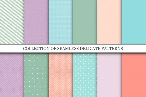 Collection of vector trendy seamless patterns with dots and stripes. Colorful Stock Illustration